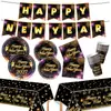 Fiesta de Año Nuevo 2027 Fuegos Artificiales Negros y Dorados Banner FELIZ AÑO NUEVO Platos de Papel Vasos Servilletas de Papel Mantel Suministros de Decoración