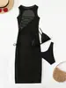 Vestido de Playa Transparente de Malla sin Mangas Europeo y Americano Negro para Mujer con Cordón Lateral y Abertura Vestido Largo Maxi Cubre Traje de Baño