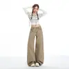 Jeans de Pierna Ancha de Cintura Alta Color Caqui Americano para Mujer Primavera 2026 Nuevos Versátiles Holgados Adelgazantes Rectos Pantalones Casuales