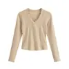 Camada base de alta qualidade, elegante, com decote V profundo para mulheres, top de manga longa slim fit para primavera com um design de ombro valorizador e cintura marcada