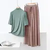 Camisa Básica Modal Gola Alta Meia Manga Feminina Primavera e Verão Bolso Calça Wide Leg Solta Casual Simples plus size Peça Dupla