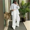 Conjunto Feminino de Duas Peças Moda Primavera Novo Estilo Europeu e Americano Temperamento Elegante Tamanho Plus Conjunto de Camisa com Aspecto de Linho Calça Longa Solta de Cintura Alta