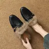 Chinelos de Pelo de Coelho Femininos para Exterior com Biqueira Fechada Meio-Chinelos 2026 Novos Mules Quentes de Pele de Ovelha Sapatos Femininos Preguiçosos de Inverno