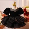 Vestido Infantil Francês Preto Manga Bufante Saia Tutu Menina Passarela Apresentador Performance de Piano Vestido de Princesa