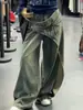Jeans Denim Patchwork Irregular Estilo Retro Americano para Mulheres, Calças de Comprimento Total com Novo Design Lavado Vintage