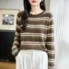 Suéter de punto con cuello redondo, rayas de bloques de color y lentejuelas, manga larga casual para mujer, versátil, corte holgado, suéter de capa interior para otoño/invierno