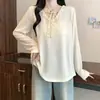 Roupas femininas plus size, estilo coreano, simples, ombro reto, caimento solto, emagrecedor, novo modelo início do outono 2026, camiseta feminina de manga comprida com cadarço e babados