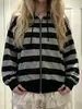 Cardigan de punto con cremallera de otoño, colección nueva, estilo retro americano a bloques de color a rayas, corte holgado, inspirado en la subcultura, estilo único, sudadera con capucha