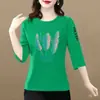 Comercio Exterior Transfronterizo Despacho de Aduana de Comercio Exterior Stock Madre Mujeres de mediana edad y mayores Tops Petites Holgados Estampados Versátil Camiseta de Manga Tres Cuartos