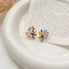 Pendientes Asimétricos de Flor de Esmalte Retro Francés con Tachuelas de Plata y Circonita para Mujer, Elegantes y Estilosos Clips para Orejas y Joyería