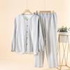 Pijama de Algodón a Rayas Degradadas Estilo Muji Gasa de Doble Capa Primavera, Otoño y Verano Conjuntos de Ropa para el Hogar para Parejas Hombres y Mujeres