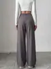 Pantalones Casuales Largos de Mujer Transfronterizos Gris Oscuro de Cintura Alta Pierna Ancha Cómodos Estilo Casual Cubren Cadera Plisado Con Caída
