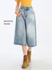 Jeans cortos vintage azules para mujer, estilo fino de verano, nuevo diseño americano, pantalones de pierna ancha de largo 7/8