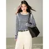 Blusa de tricô listrada color block estilosa de manga longa para mulheres, camisa base de verão em Lyocell Tencel da fábrica de origem