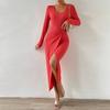 Otoño/Invierno 2026 Nuevo Vestido Transfronterizo de Moda Europea y Americana Más Vendido Elegante para Ir al Trabajo Sexy con Abertura Ajustado Color Sólido
