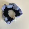 Elástico de Cabelo de Renda Azul Listrado Coreano com Pérolas, Laço Exquisito, Acessório de Cabelo para Mulheres