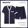 Novo Cardigã de Tamanho Grande Pijama Masculino Gola V Manga Curta Shorts Estilo Fino Outono e Verão Casual Respirável Roupa de Casa Que Pode Ser Usada Fora