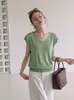 Camisola verde minimalista estilo coreano de seda de hielo con cuello en V para mujer, hermoso top sin mangas para verano, diseño único
