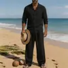 2026 Conjunto de Lino de Cuatro Estaciones Estilo Americano Transfronterizo para Hombre, Casual, Holgado, Transpirable, Manga Larga, Pantalones Largos, Camisa, Conjunto de Playa en Stock