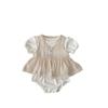 Ropa de Verano 2026 para Bebés y Niños Pequeños, Conjunto de Dos Piezas para Bebés Niñas: Mameluco de Waffle Color Sólido + Elegante Ropa Exterior de Encaje