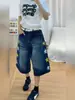 Shorts Jeans Rasgado de Cintura Alta com Estampa de Estrela Retro Americano Azul Escuro Verão 2026 Finos Soltos Lavados de Perna Larga