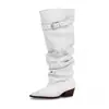 Botas apiladas plisadas de punta única, nuevo modelo primavera 2026, circunferencia de pantorrilla ancha, botas largas con hebilla de cinturón, botas altas de montar