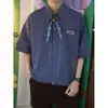 Camisa corta de verano de algodón 100% vintage, con estampado de cuadros, lazo pequeño, estilo artístico japonés, holgada y casual, para hombres y mujeres.