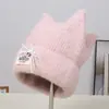 Chapéu de Tricô com Laço e Orelhas de Gato Estilo Coreano para Mulheres, Chapéu de Lã Quente para Outono e Inverno, Chapéu de Lã Doce e Fofo