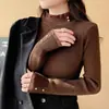 Nuevo suéter de encaje patchwork para mujer con cuello semi-alto, elegante suéter base de punto ajustado con cuentas para otoño e invierno