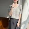 Nuevo cárdigan de ganchillo calado estilo coreano de punto de Lyocell para mujer, manga corta, cuello en V, holgado, simple, adelgazante, camiseta