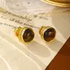 Aretes Redondos Pequeños de Ojo de Tigre Turquesa Electrochapados en Oro Real, Estilo Minimalista, Aretes Sencillos de Lujo Ligero para Mujer