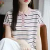 Blusa de Tricô Fina Color Block Listrada com Gola Reversível de Liocel de Manga Curta para Primavera e Verão, Jovem e Versátil, Roupas Femininas