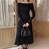 Vestido Francés de un Hombro para Mujer Largo Primavera y Otoño Nuevo Manga Larga Cintura Plisada Look Adelgazante Elegante Versátil Falda Línea A