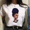 2022INS Menina de Cabelo Cacheado Africano Menina Negra Estampa de Desenho Animado Gola Redonda Manga Curta Top Camiseta Branca Estudante