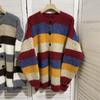 Suéter Cárdigan de Punto Suelto Retro Suave Ceroso a Rayas de Color en Contraste Estilo Perezoso Estilo Japonés Abrigo para Mujer