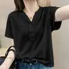 Camiseta de Algodón Slub con Cuello en V de Manga Corta para Mujer, Verano, Corte Holgado, Adelgazante, Tallas Grandes, Moderna, Elegante, Blanca, Nuevo Estilo