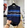 Conjunto Patchwork Falso de Duas Peças Estilo Coreano Redutor de Idade com Listras em Cores Contrastantes Camiseta de Manga Curta para Mulheres, Top de Tricô Fino para Verão