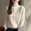 Cárdigan de punto con cuello semi-alto, cárdigan calado, prendas de punto para mujer, cárdigan suéter con cuello alto para exportación, camiseta básica para mujer, estilo coreano