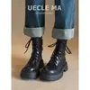Versão Couro de Vaca ~ Botas de Solado Grosso de Couro Genuíno para Mulheres 2025 Outono e Inverno Novo Estilo Estilo Britânico Botas Curtas Frescas de Cadarço para Pessoas Baixas