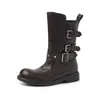 Botas Martin de piel de oveja con hebilla de cinturón desmontable de doble uso invierno 2026 tacón bajo grueso punta redonda cuero genuino botas de media pantorrilla para mujer talla 42 talla grande