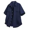 Camisa retro de gasa de burbujas estilo Hong Kong para hombre de talla grande, con cuello camisero, manga corta, sobrecamisa holgada