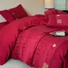 Juego de Cuatro Piezas para Boda Adorno de Encaje Bordado Funda Nórdica Roja Grande Juego de Cuatro Piezas Dote Ropa de Cama de Boda de Alta Calidad