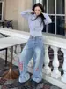 Calça jeans feminina RUMM, estilo American high street, calça patchwork resistente, calça casual de perna larga com caimento vintage lavado