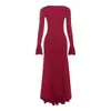 Novidades Outono/Inverno 2025 Roupas Femininas: Vestido Elegante e Sexy de Gola U, Caimento Justo, Cor Sólida, Manga Flare