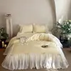 Concha do LuarRomântico Francês Algodão de Fibra Longa Escovado Conjunto de Quatro Peças de Algodão Puro Renda com Laço Roupa de Cama para Meninas