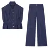 Ropa de Mujer al por Mayor Transfronteriza Estilo Europeo y Americano Verano Nuevo Color Sólido Cintura Elástica Adelgazante Top + Pantalones Largos Casuales Conjunto