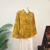Blusa jacquard da moda estilo chinês novo, estilo nacional, modelo novo para o início do outono de 2026, gola alta, abotoada, corte solto para mulheres
