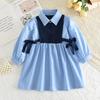 Vestido Cruzado Nuevo para Niñas de Primavera y Otoño, Vestido de Retazos Dulce Estilo Coreano con Lazo, Camisa Vestido de Manga Larga con Cuello Vuelta