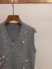 Ropa de Mujer de Gama Alta Primavera Nueva Versátil Estilo Casual Cuello en V Diseño de Lentejuelas Chaleco de Punto para Mujer
