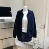 Suéter com zíper feminino Dongdaemun coreano em azul marinho, preto e off-white, de corte solto, grosso e oversized para outono e inverno